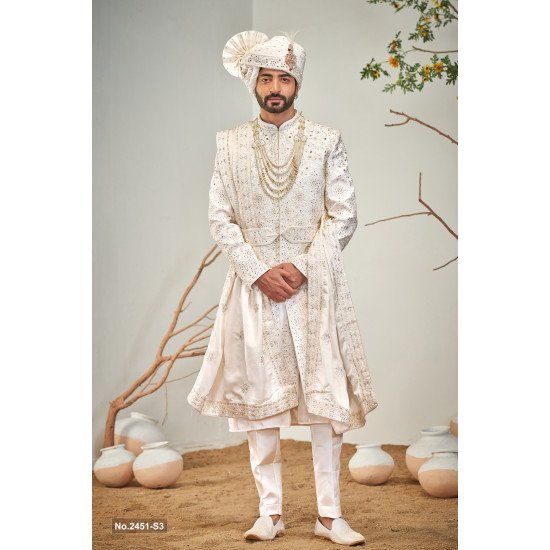 Designer Off White Belt Pattern Stone Work Sherwani For Groom