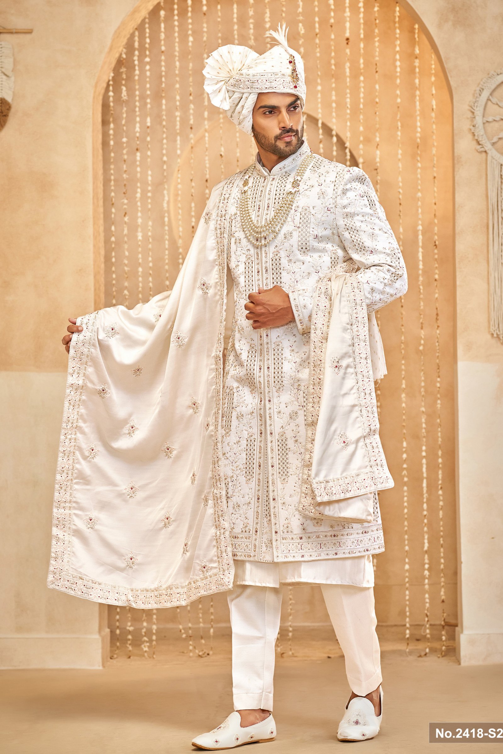Designer Off White Achkan Pattern Wedding Sherwani
