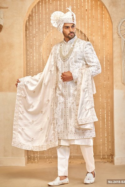 Designer White Sequence & Stone Work Wedding Sherwani