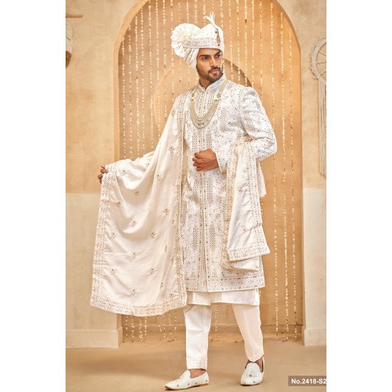 Designer Off White Achkan Pattern Wedding Sherwani