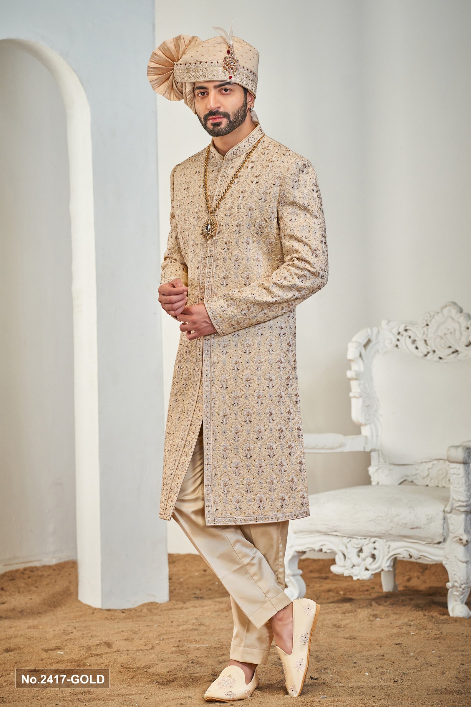 Designer Golden Achkan Pattern Wedding Sherwani For Groom