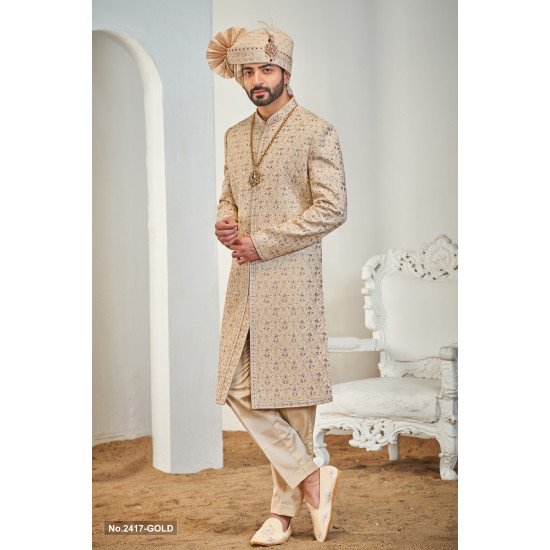 Designer Golden Achkan Pattern Wedding Sherwani For Men