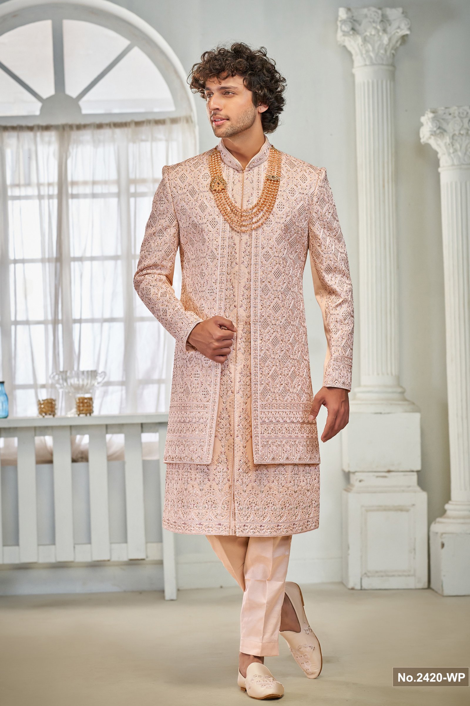 Designer Pink Double Pattern Stone Work Sherwani For Wedding 