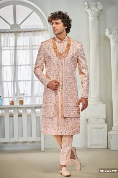 Designer Pink Double Pattern Stone Work Sherwani For Wedding 