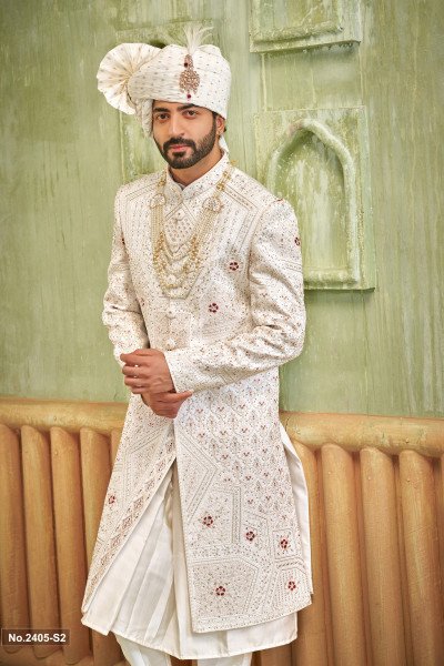 Designer White Mehroon Touch Stone Work Wedding Sherwani