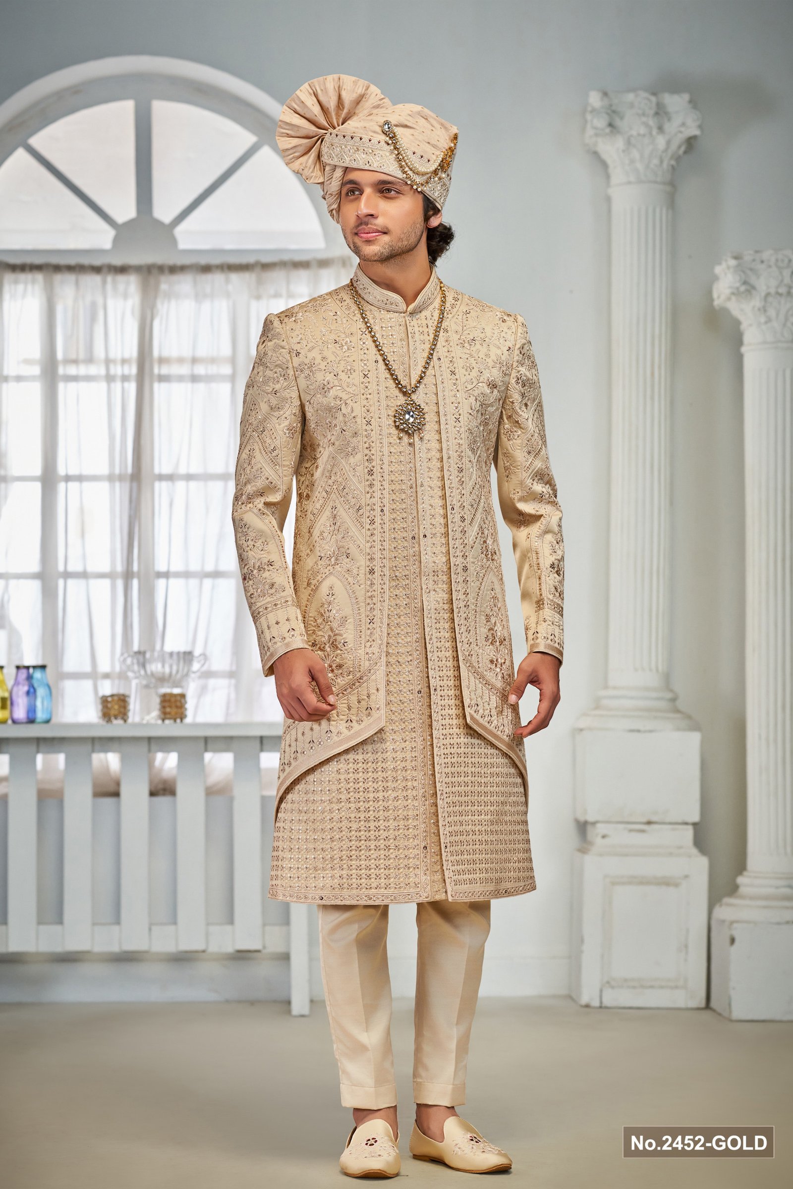 Designer Golden Double Patttern Sequence Work Wedding Sherwani