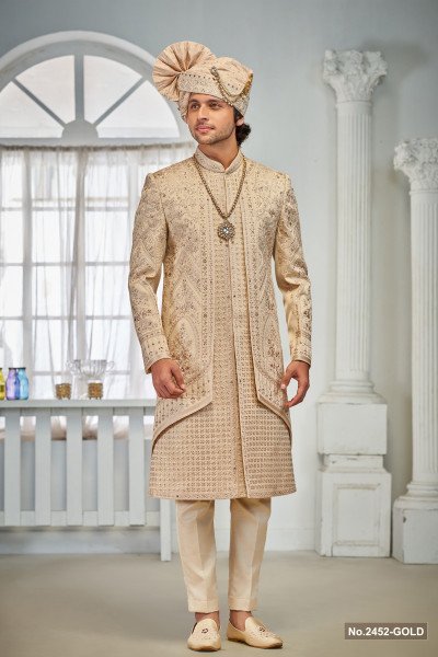 Designer Golden Double Patttern Sequence Work Wedding Sherwani