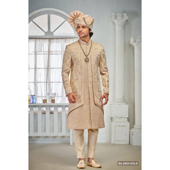 Designer Golden Double Patttern Sequence Work Wedding Sherwani