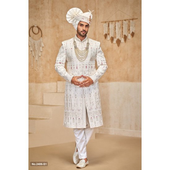 Designer Off  White Mehroon Touch Stone Work Sherwani  