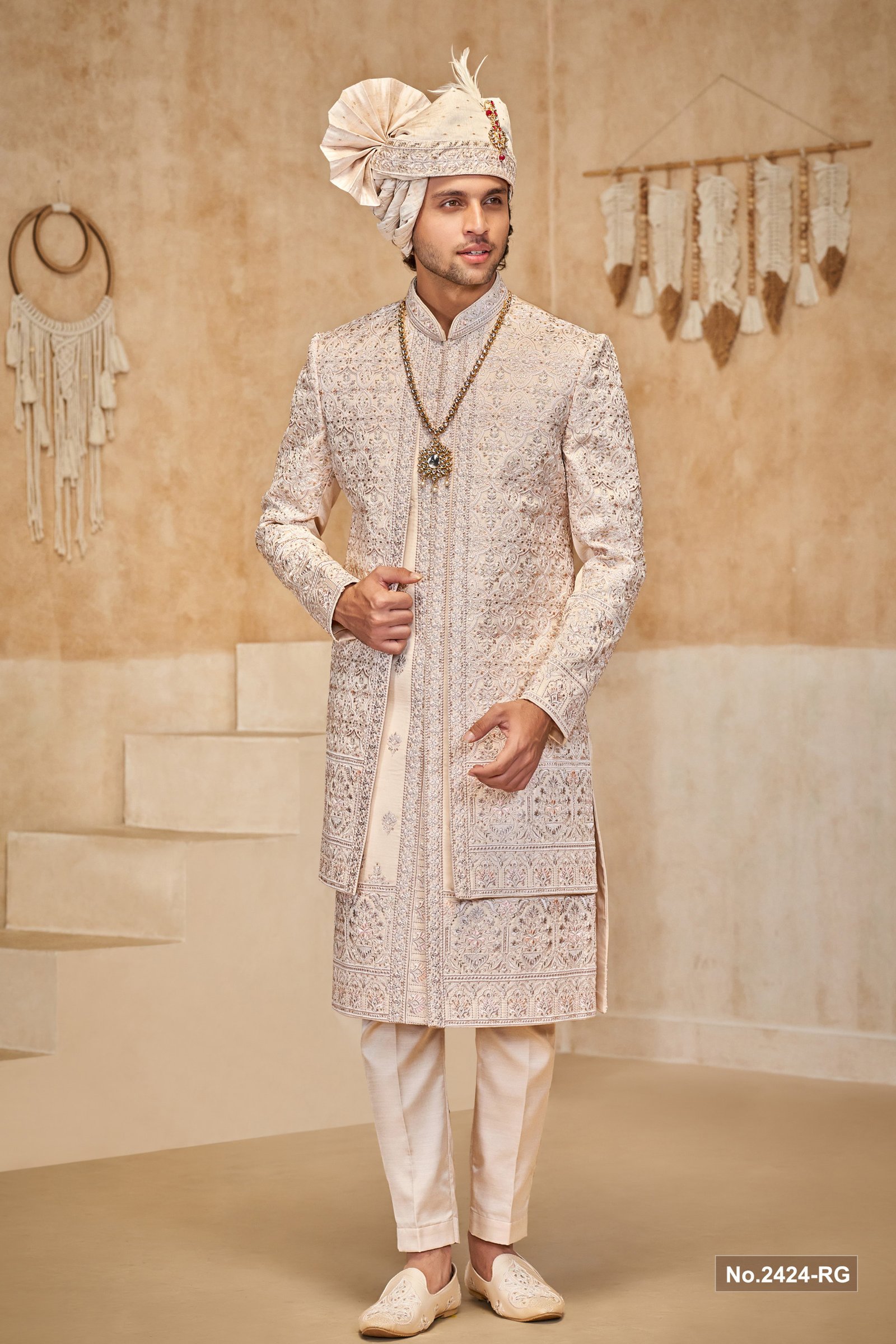 Designer Peach Stone Work Double Pattern Sherwani For Groom