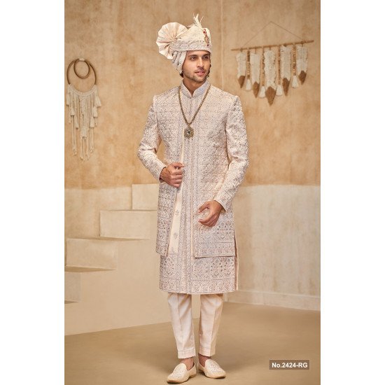 Designer Peach Stone Work Double Pattern Sherwani For Groom