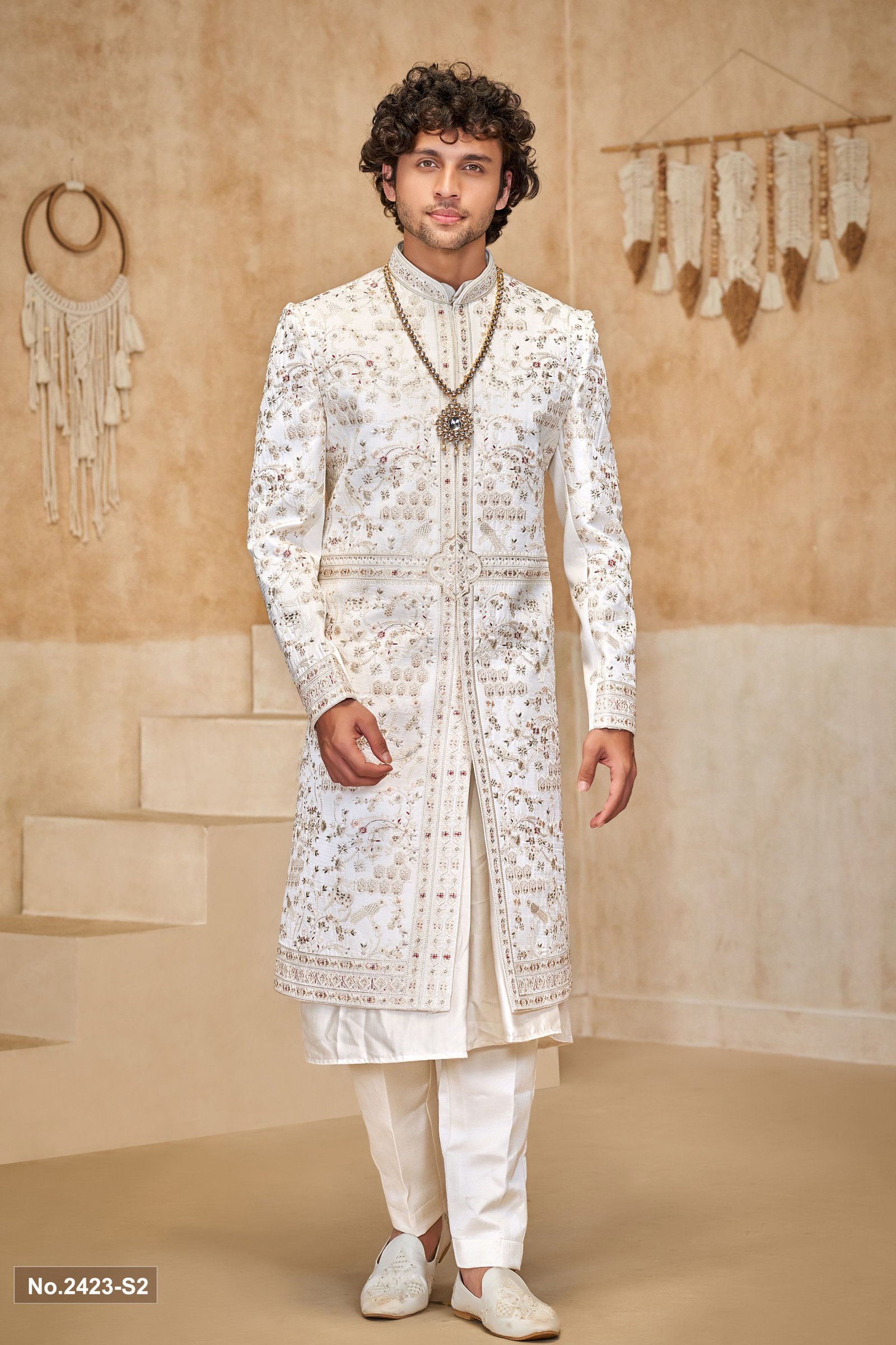 Designer Off White Embroidery & Stone Work Groom Sherwani