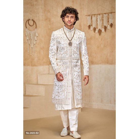 Designer Off White Embroidery & Stone Work Groom Sherwani