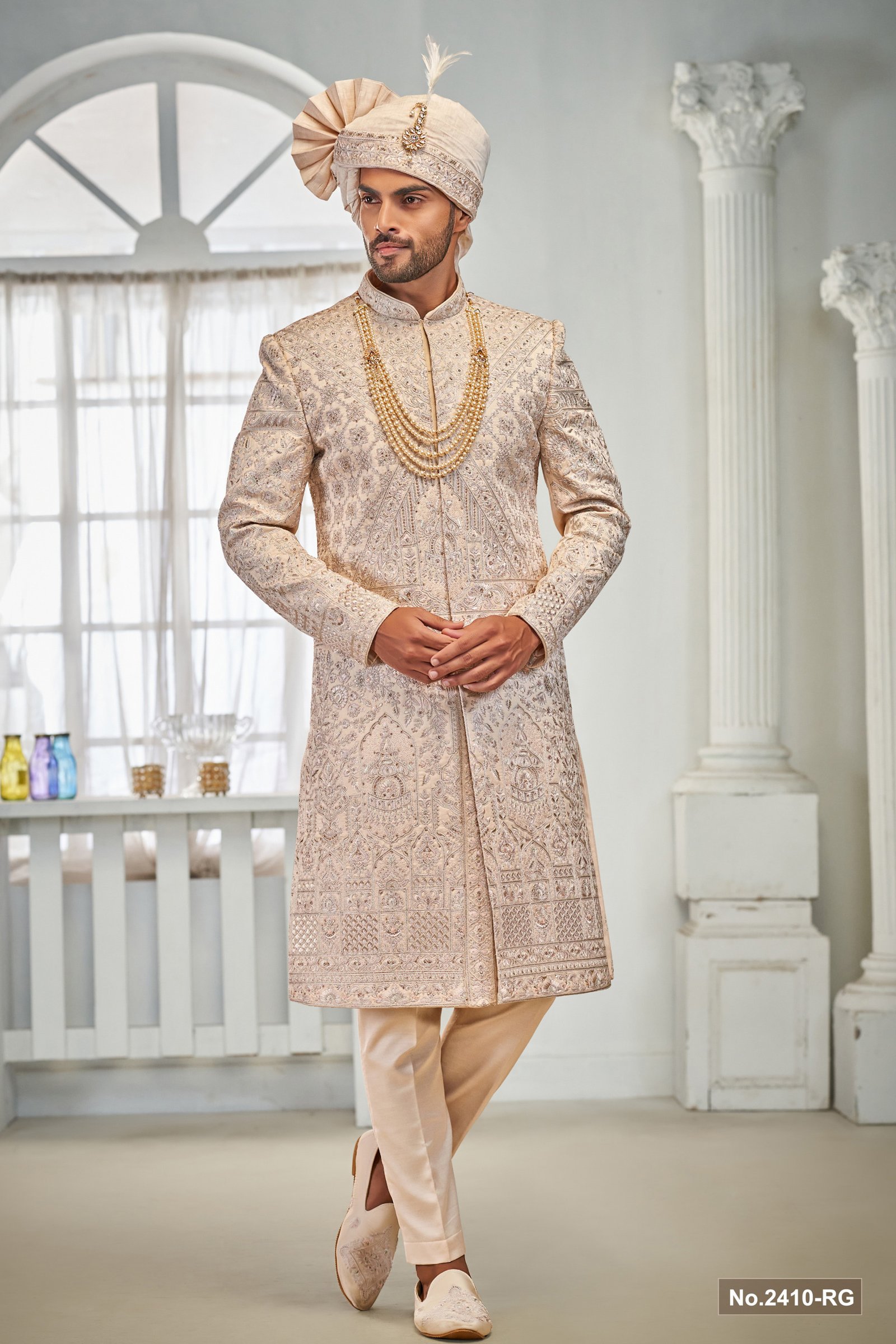 Designer Peach Stone Work Groom Sherwani