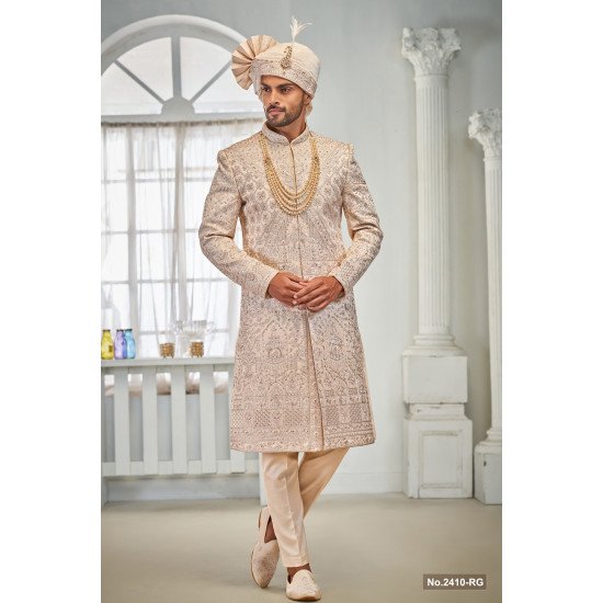 Designer Peach Stone Work Groom Sherwani