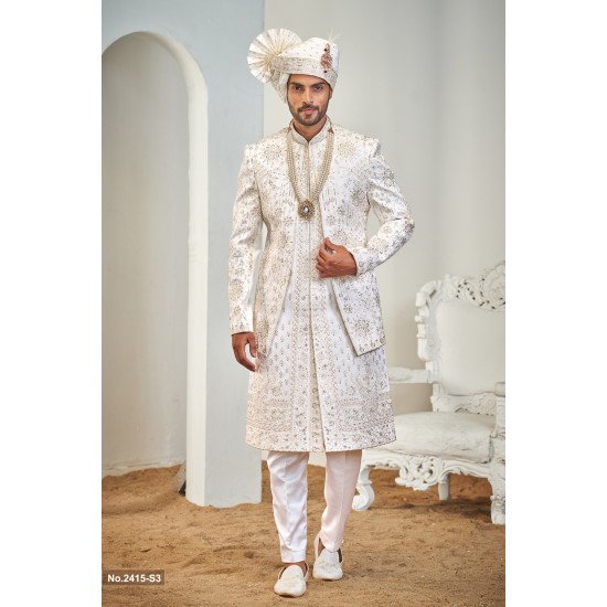 Designer Off White Double Pattern Stone Work Sherwani
