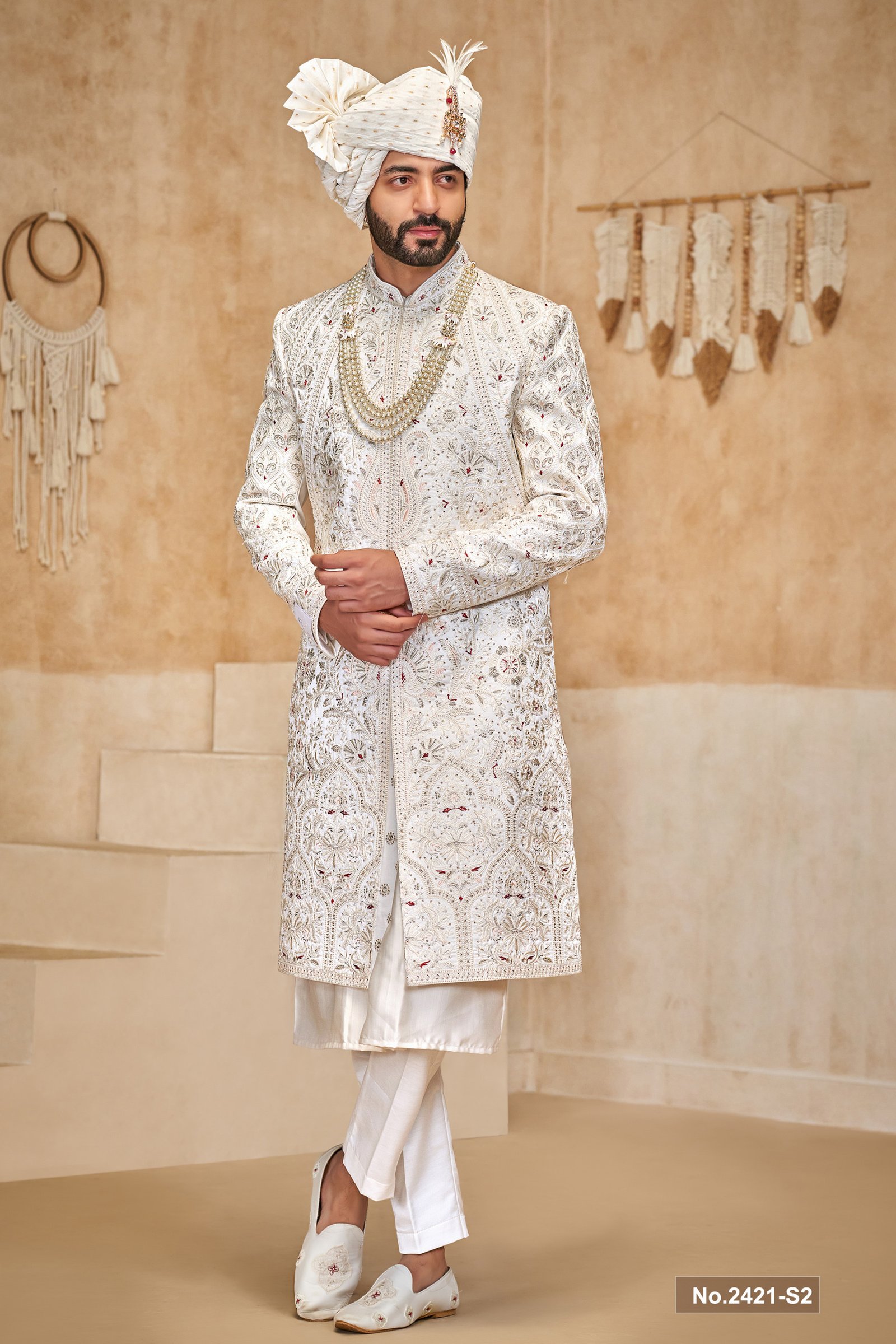 Designer Off White Mehroon & Peach Touch Wedding Sherwani For Groom