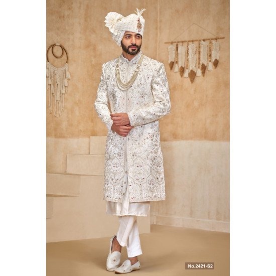 Designer Off White Mehroon & Peach Touch Wedding Sherwani For Groom