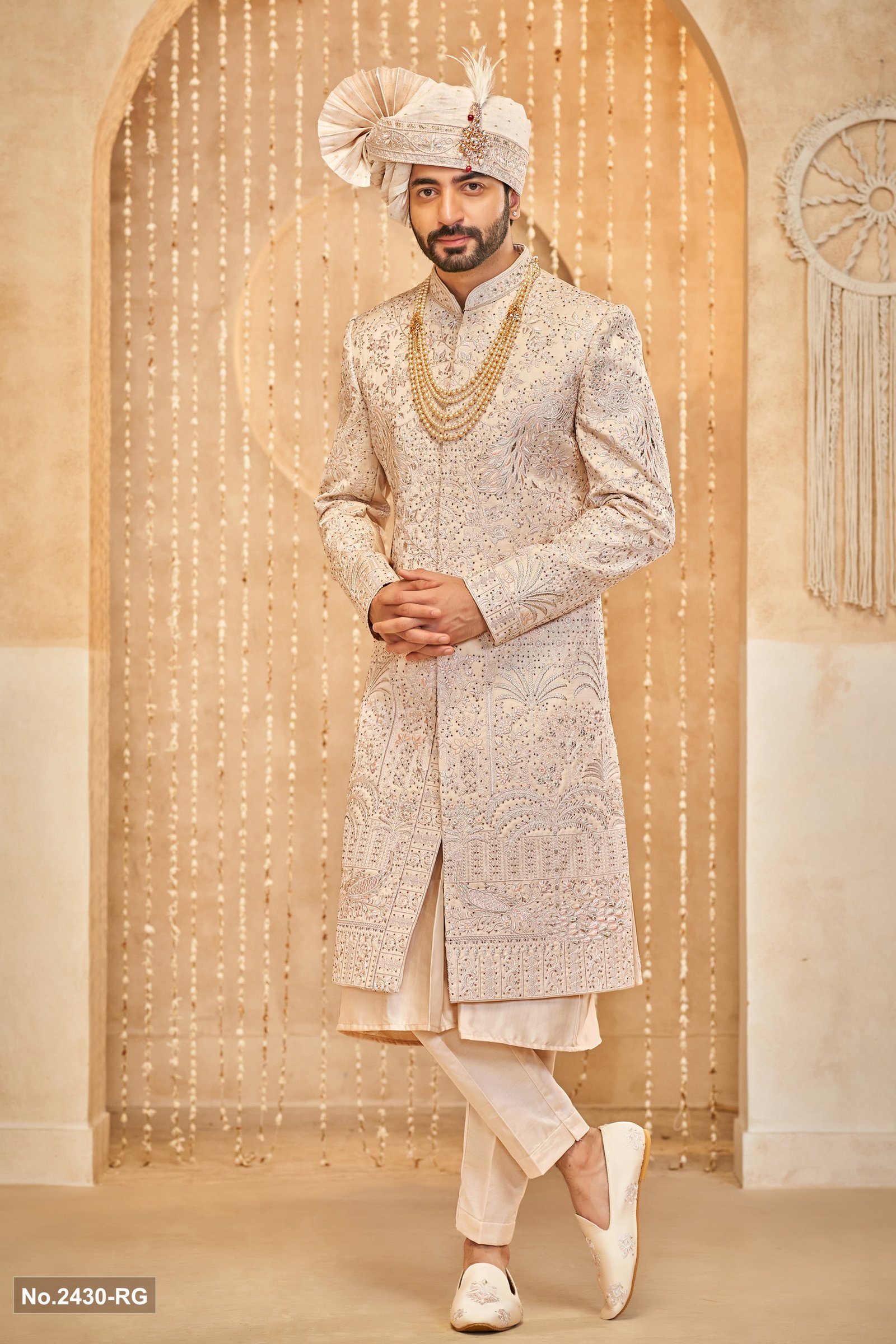 Designer Peach Kurta Pattern Groom Sherwani