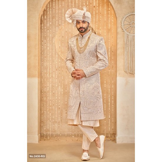 Designer Peach Kurta Pattern Groom Sherwani