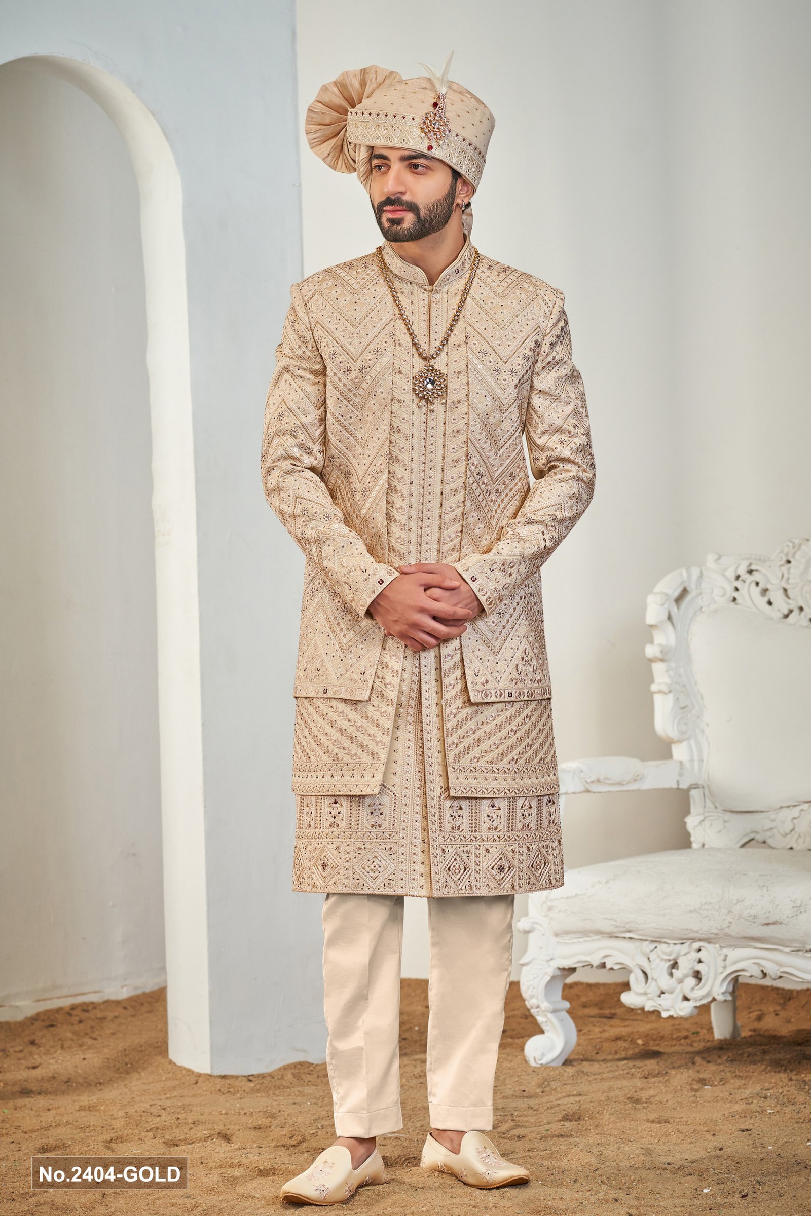 Designer Gold Three Layer Stone Work Wedding Sherwani