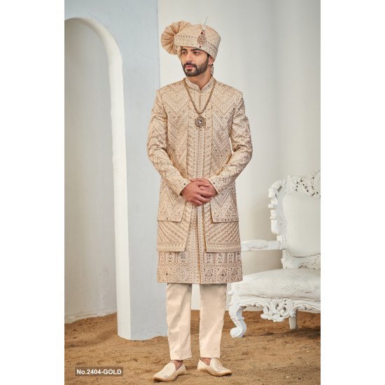 Designer Gold Three Layer Stone Work Wedding Sherwani