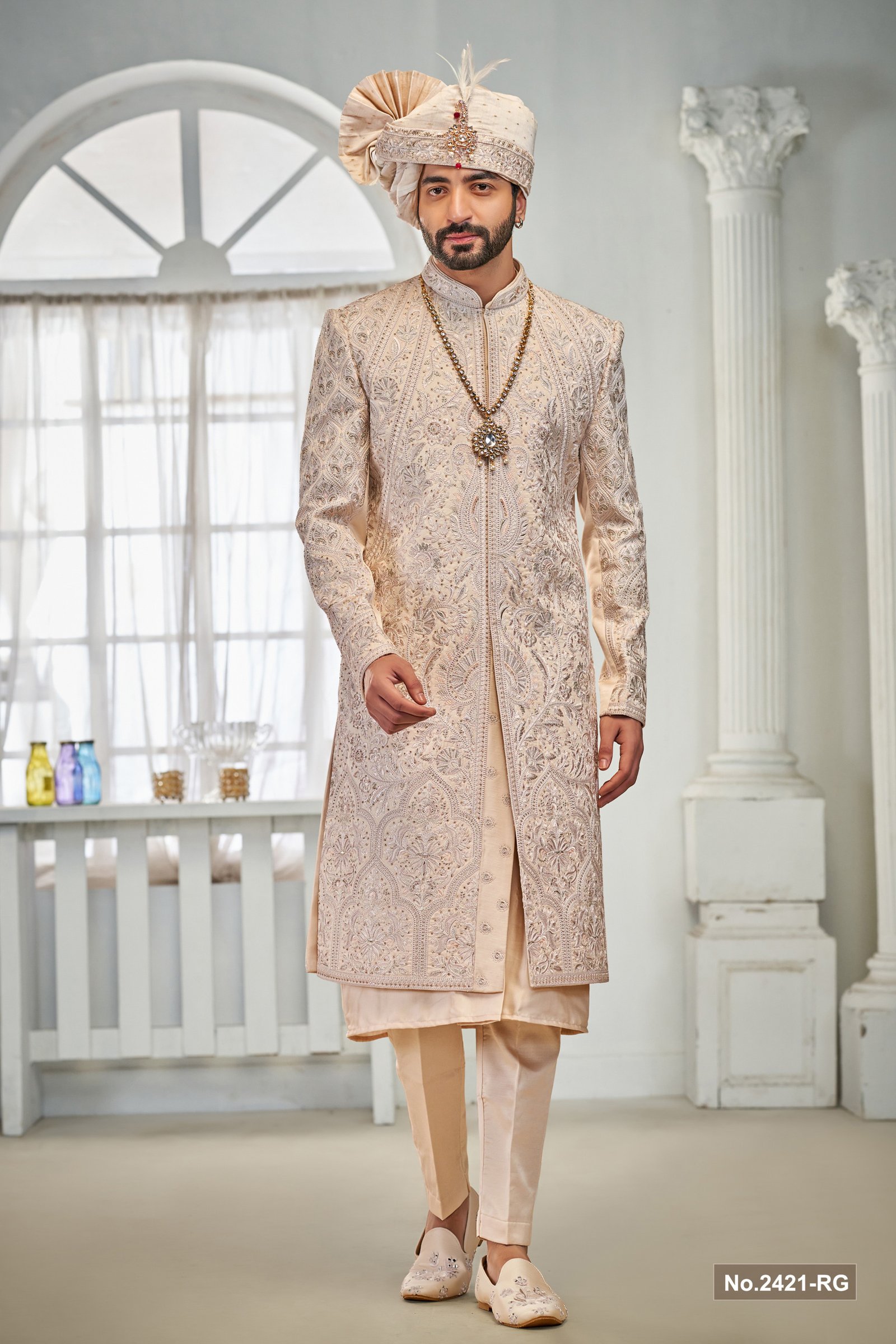 Designer Peach Embroidery Work Stone Touch Groom Sherwani
