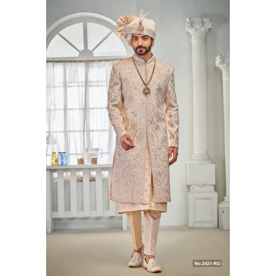 Designer Peach Embroidery Work Stone Touch Groom Sherwani