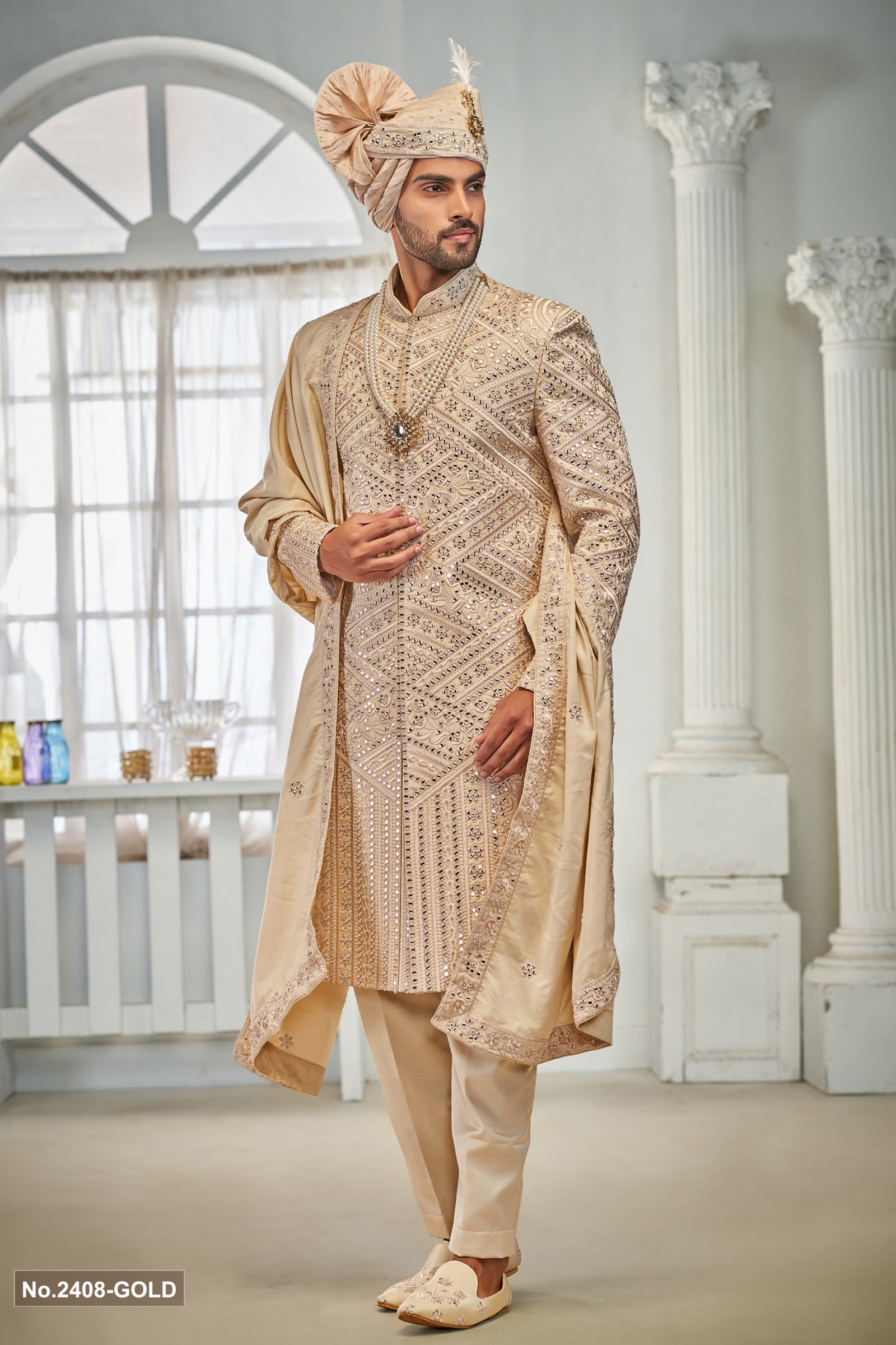 Designer Gold Mirror  Work Sherwani For Groom