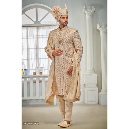 Designer Gold Mirror  Work Sherwani For Groom
