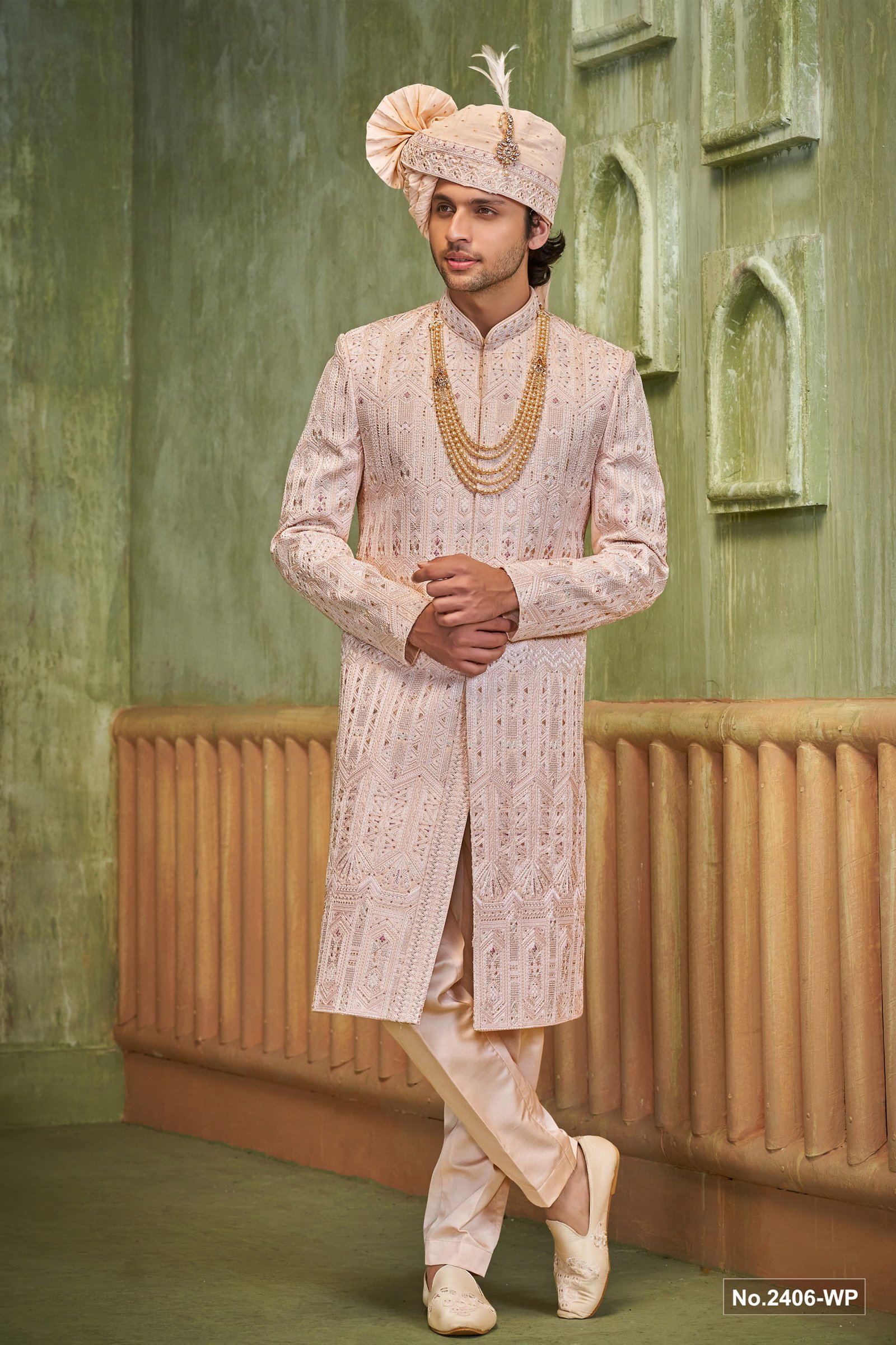 Designer Pink Stone Work Achkan Pattern Groom Sherwani