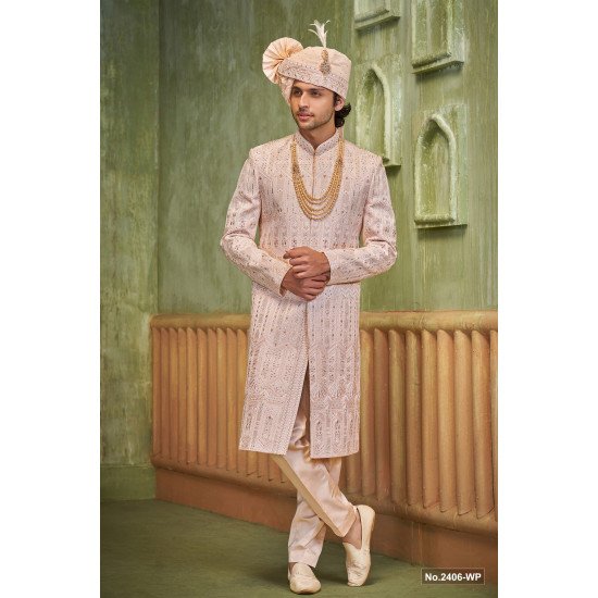 Designer Pink Stone Work Achkan Pattern Groom Sherwani