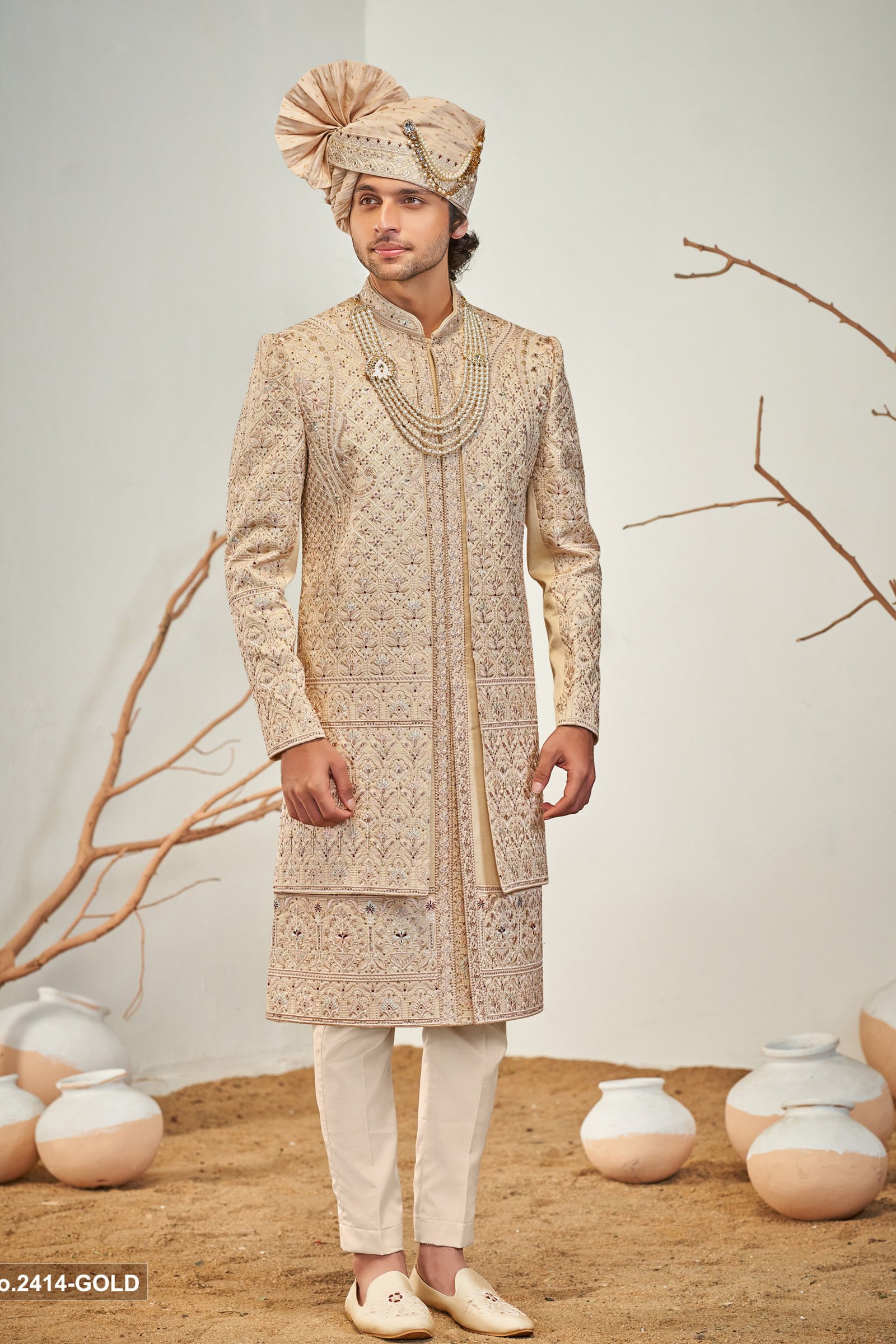 Designer Golden Double Pattern Stone Work Sherwani