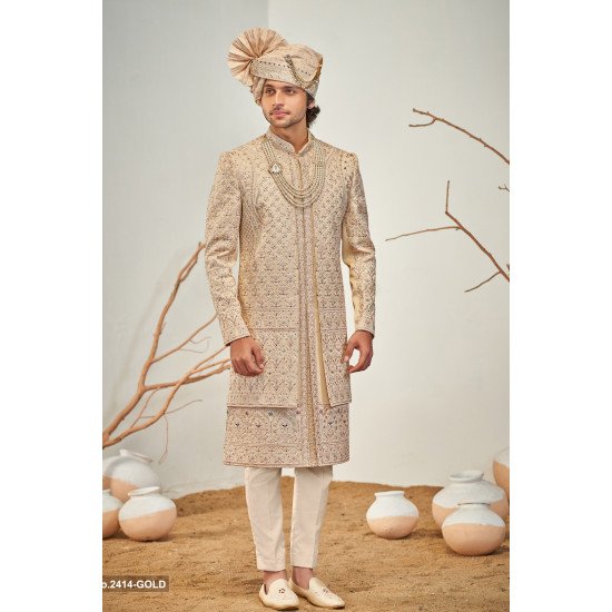 Designer Golden Double Pattern Stone Work Sherwani