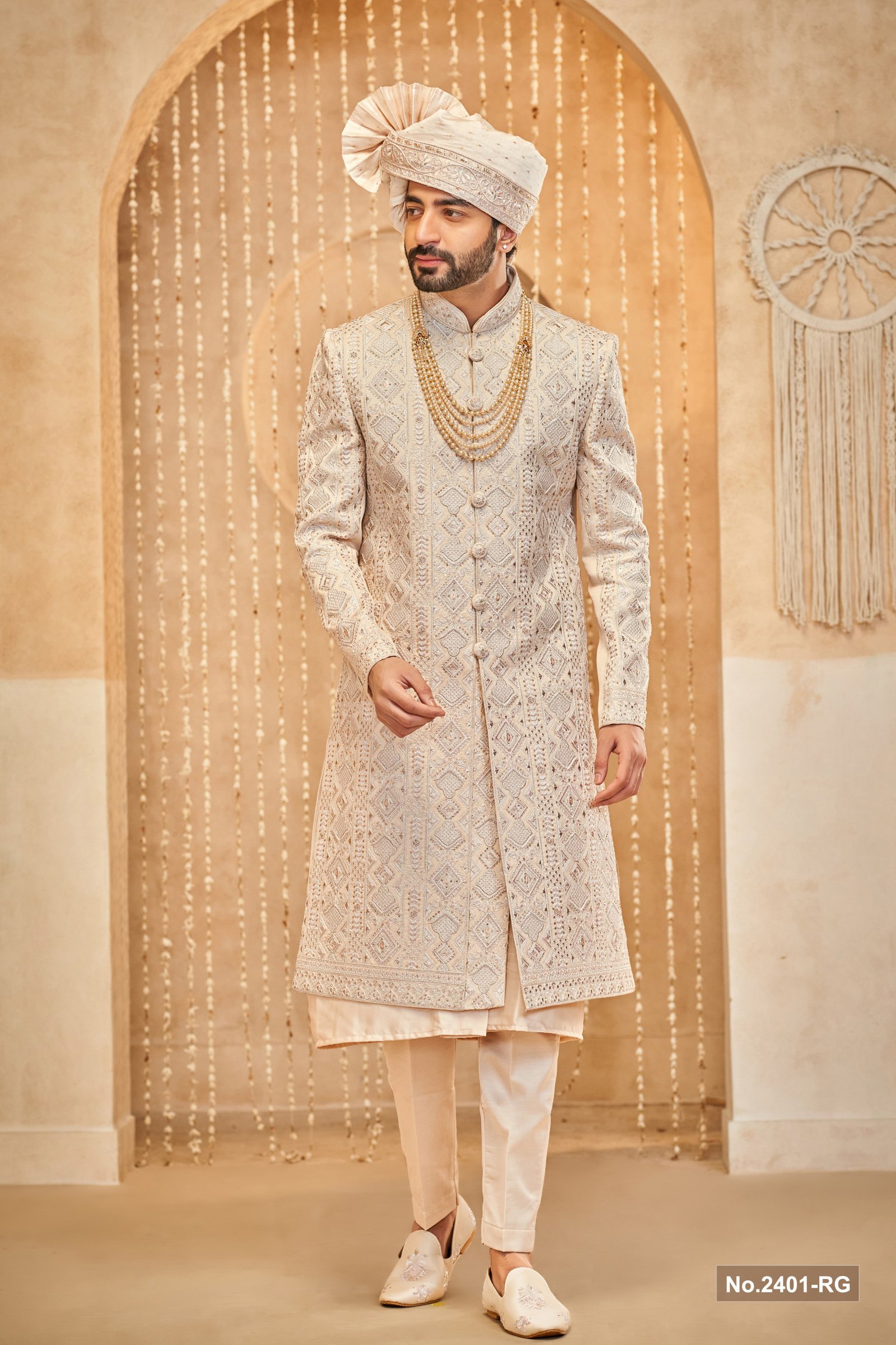 Designer Peach Stone Work Achkan Pattern Groom Sherwani
