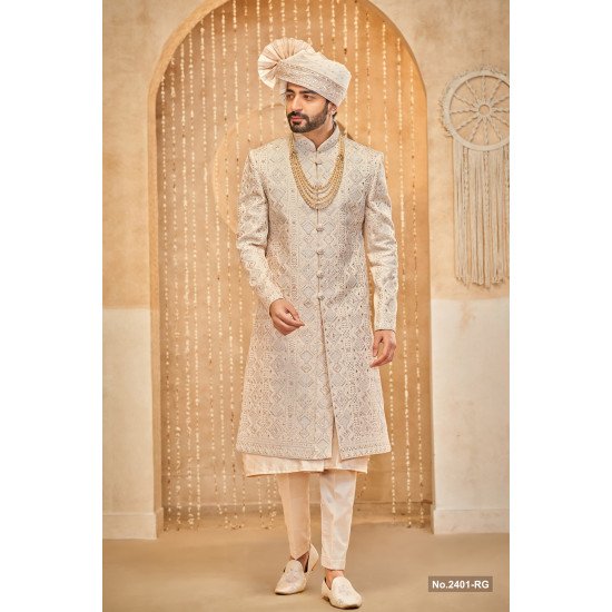 Designer Peach Stone Work Achkan Pattern Groom Sherwani
