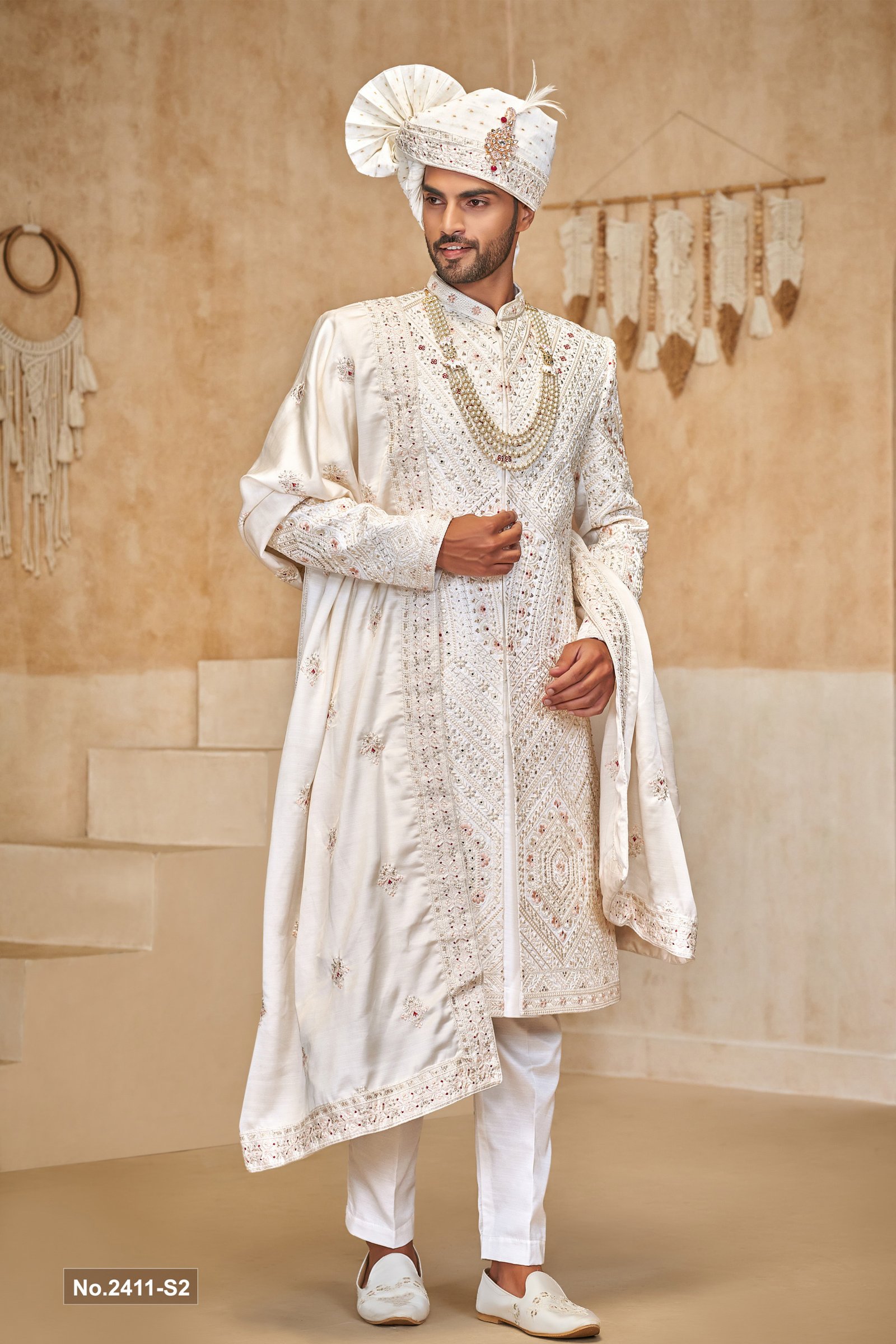 Designer Off White Peach Touch Groom Sherwani