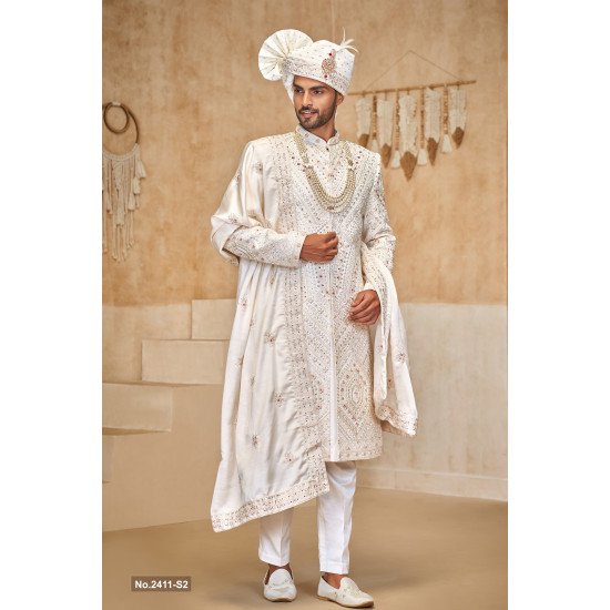 Designer Off White Peach Touch Groom Sherwani
