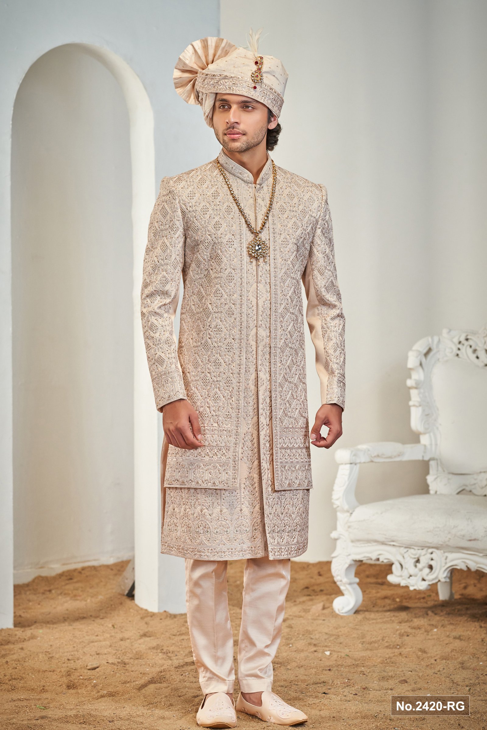 Designer Peach Sequence Work Double Pattern Wedding Sherwani