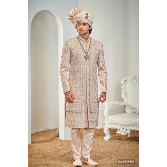 Designer Peach Sequence Work Double Pattern Wedding Sherwani