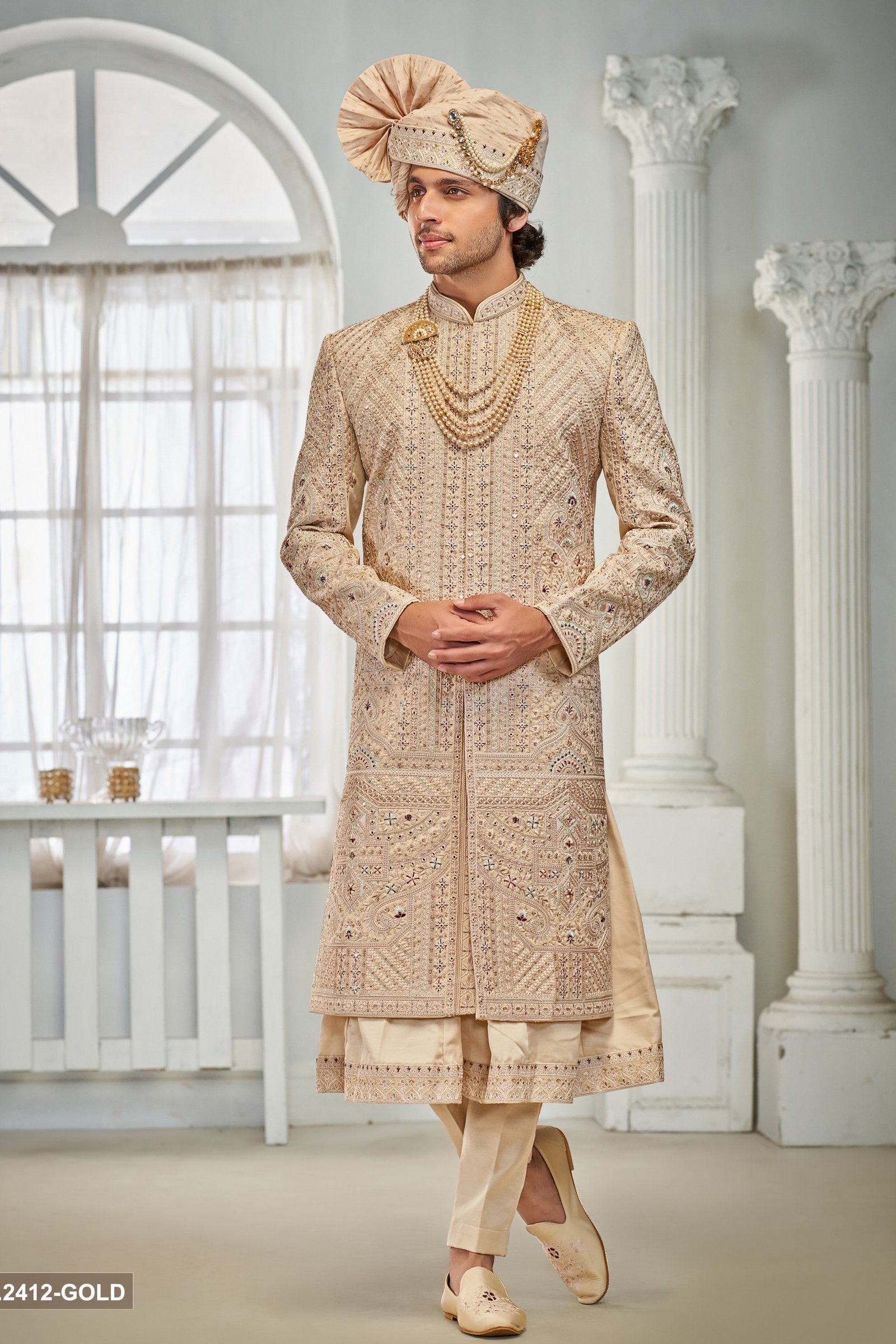 Designer Gold Anarkali Pattern Groom Sherwani