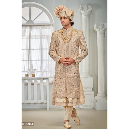 Designer Gold Anarkali Pattern Groom Sherwani