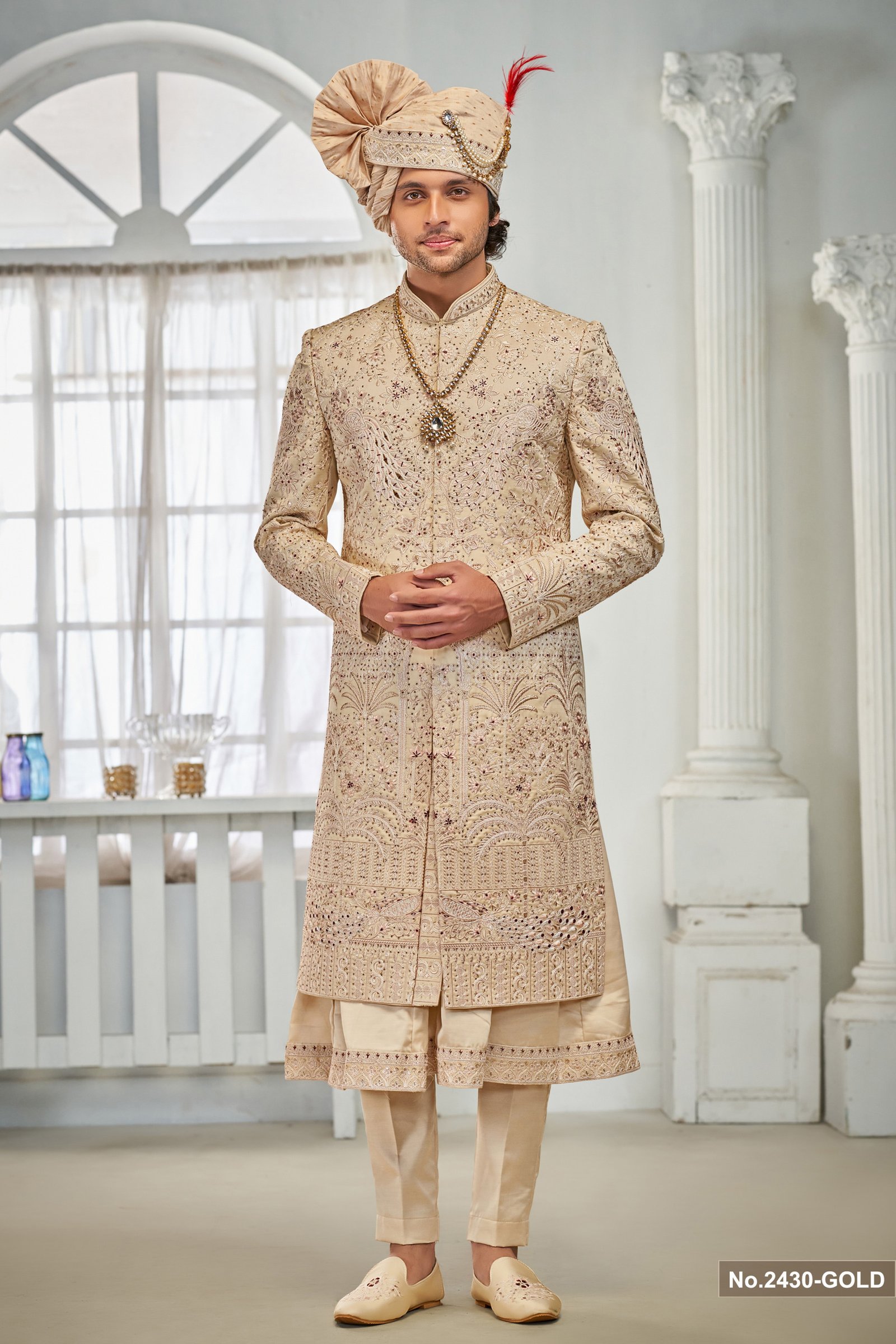 Designer Gold Motif Work Sherwani For Groom
