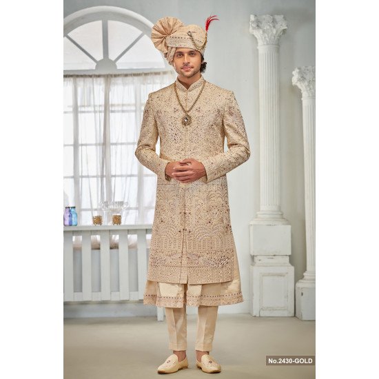 Designer Gold Motif Work Sherwani For Groom