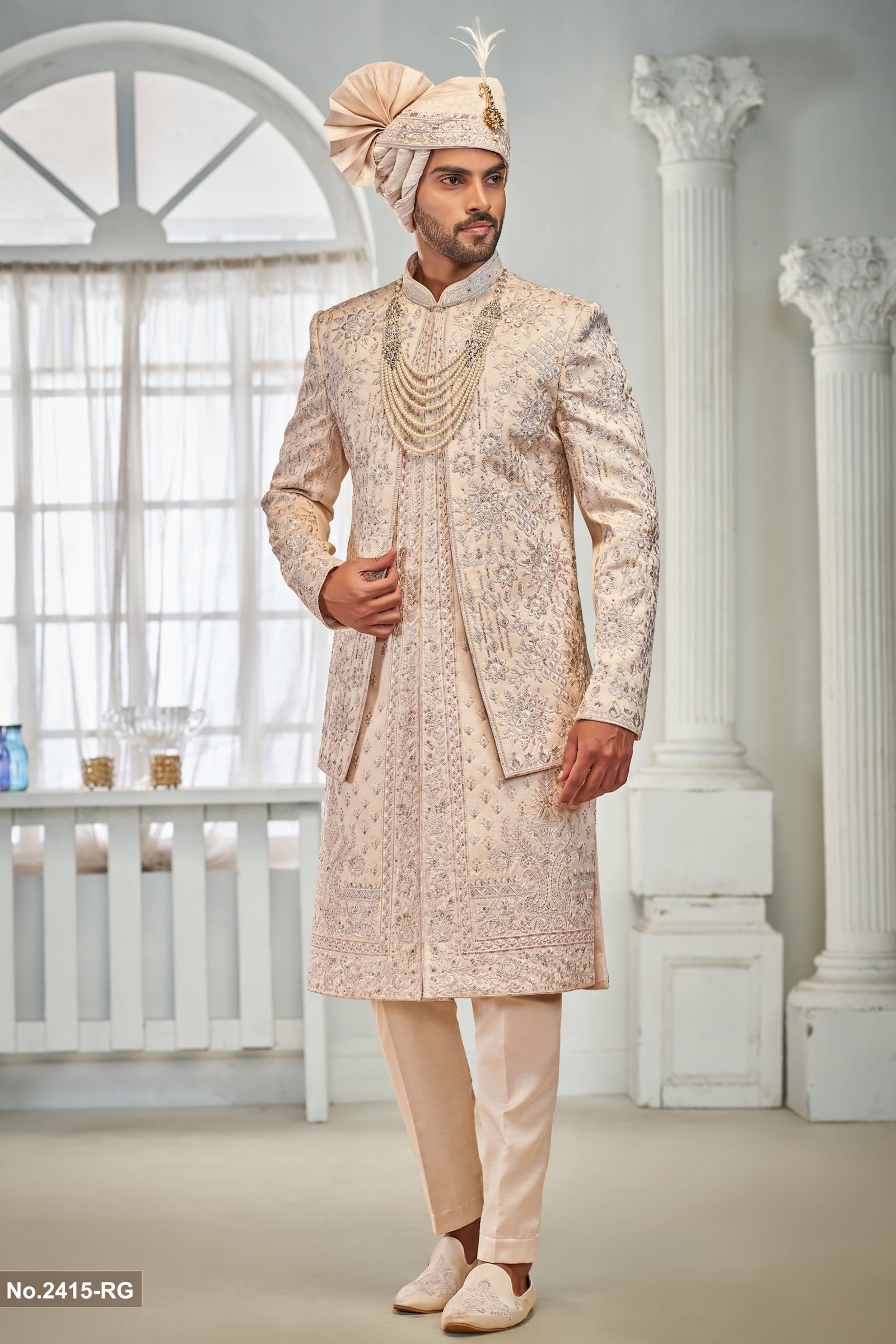 Designer Peach Double Pattern Embroidery Work Groom Sherwani