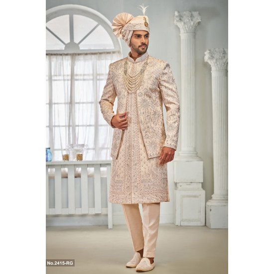 Designer Peach Double Pattern Embroidery Work Groom Sherwani