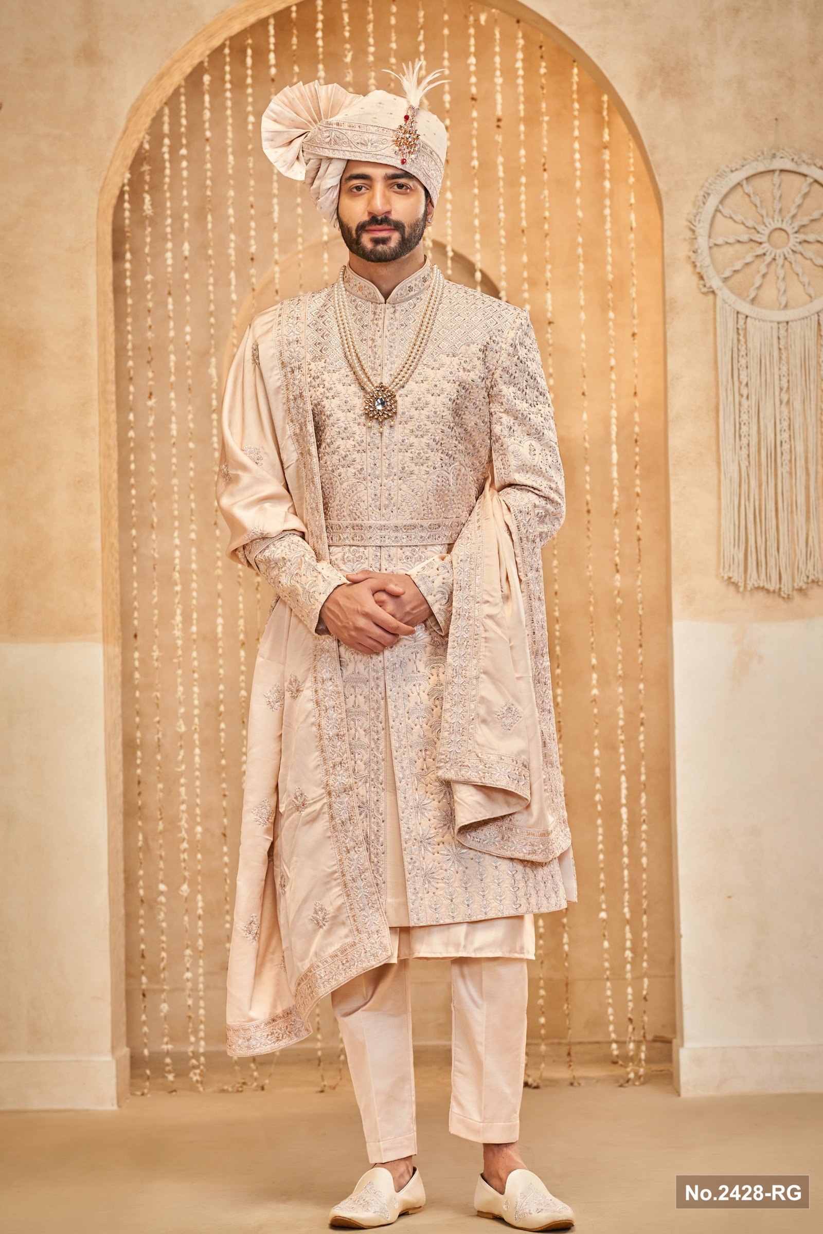 Designer Peach Sequence Work Belt Pattern Wedding Sherwani
