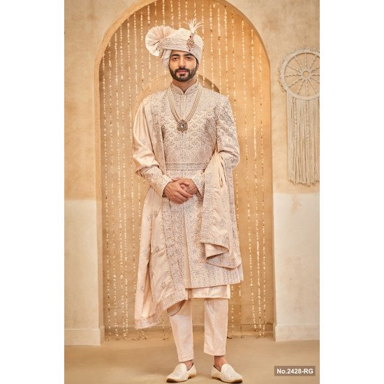 Designer Peach Sequence Work Belt Pattern Wedding Sherwani