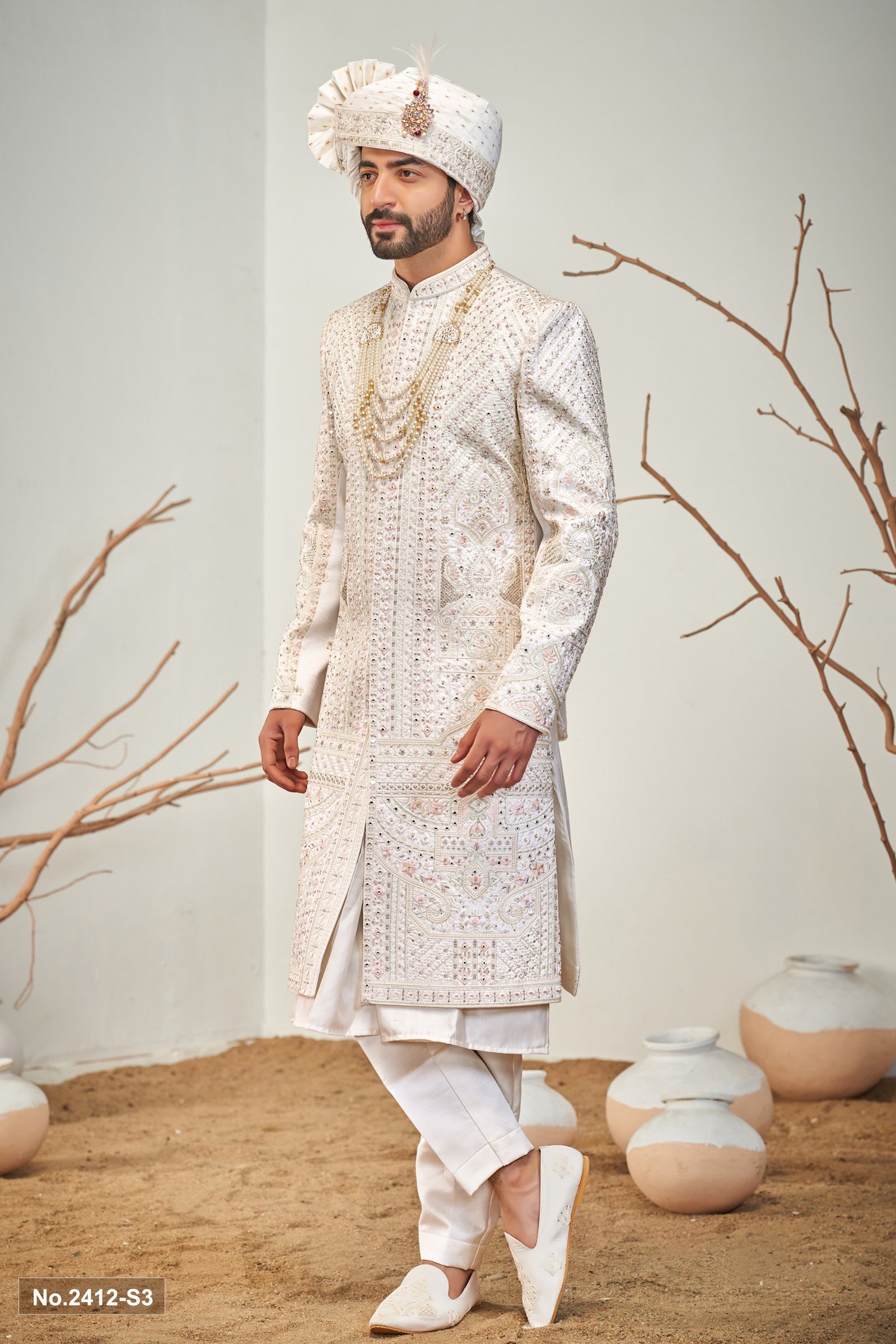 Designer Off White Mirror & Sequence Work Groom Sherwani
