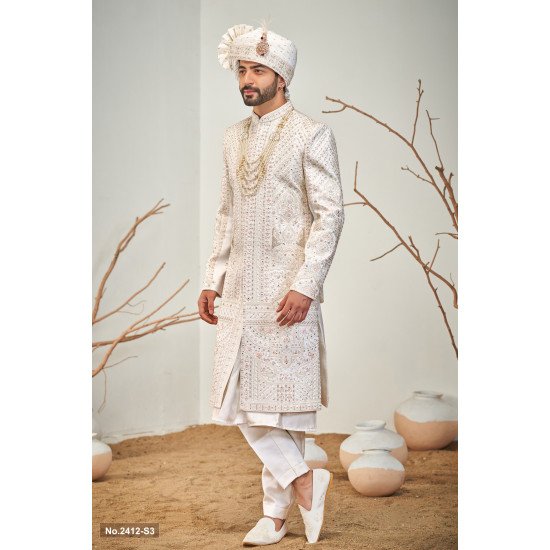 Designer Off White Mirror & Sequence Work Groom Sherwani